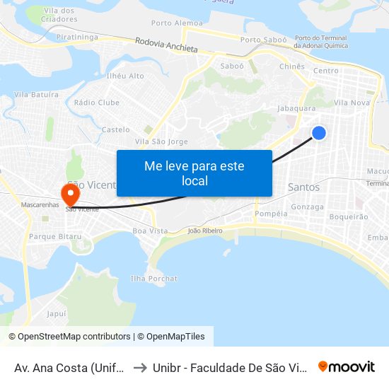 Av. Ana Costa (Unifesp) to Unibr - Faculdade De São Vicente map