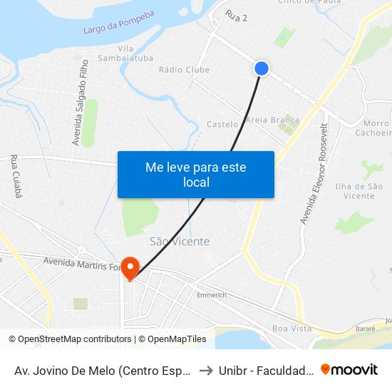 Av. Jovino De Melo (Centro Esportivo Manoel Nascimento Jr.) to Unibr - Faculdade De São Vicente map