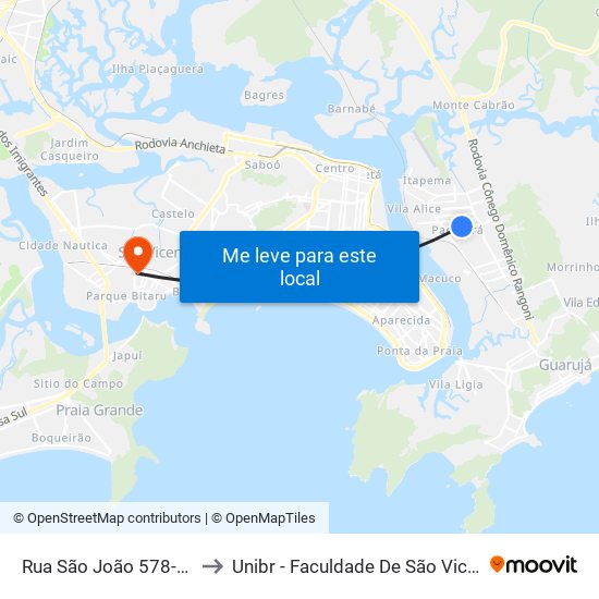 Rua São João 578-636 to Unibr - Faculdade De São Vicente map