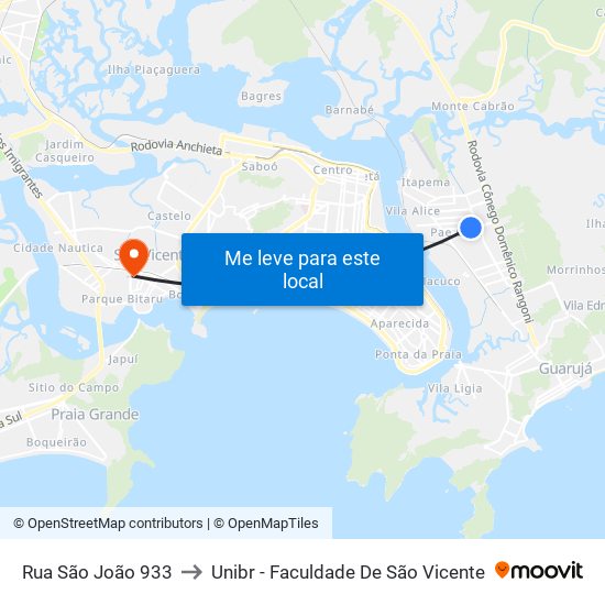 Rua São João 933 to Unibr - Faculdade De São Vicente map