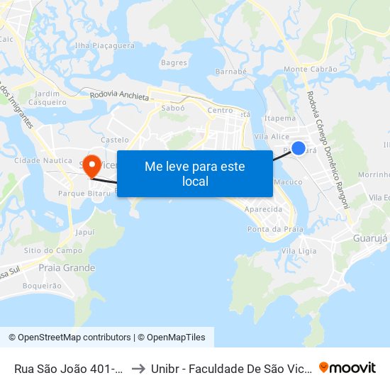 Rua São João 401-425 to Unibr - Faculdade De São Vicente map