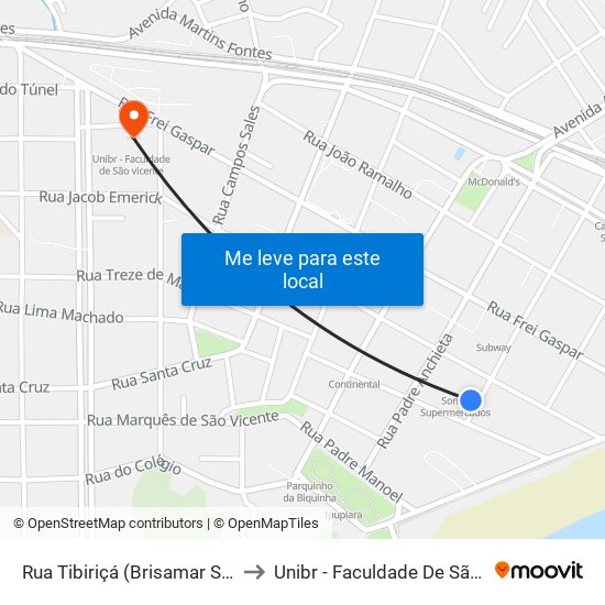 Rua Tibiriçá (Brisamar Shopping) to Unibr - Faculdade De São Vicente map