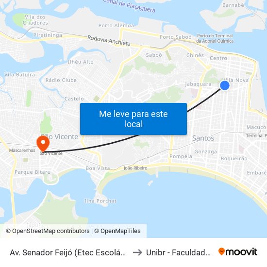 Av. Senador Feijó (Etec Escolástica Rosa) Intermunicipais to Unibr - Faculdade De São Vicente map