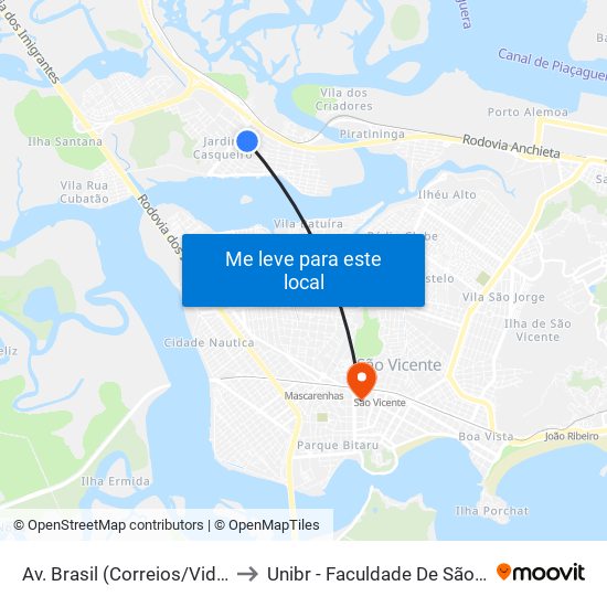 Av. Brasil (Correios/Vida Nova) to Unibr - Faculdade De São Vicente map