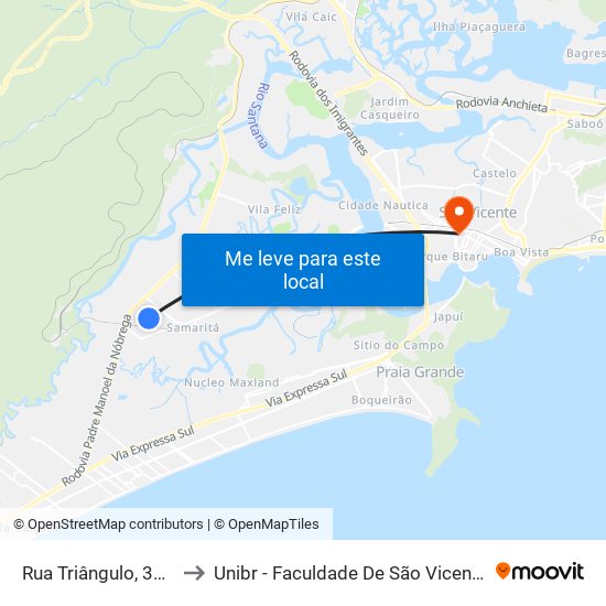 Rua Triângulo, 360 to Unibr - Faculdade De São Vicente map