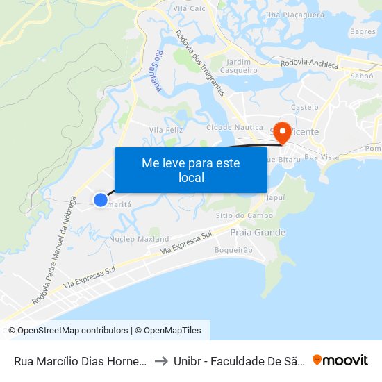 Rua Marcílio Dias Horneaux, 1010 to Unibr - Faculdade De São Vicente map