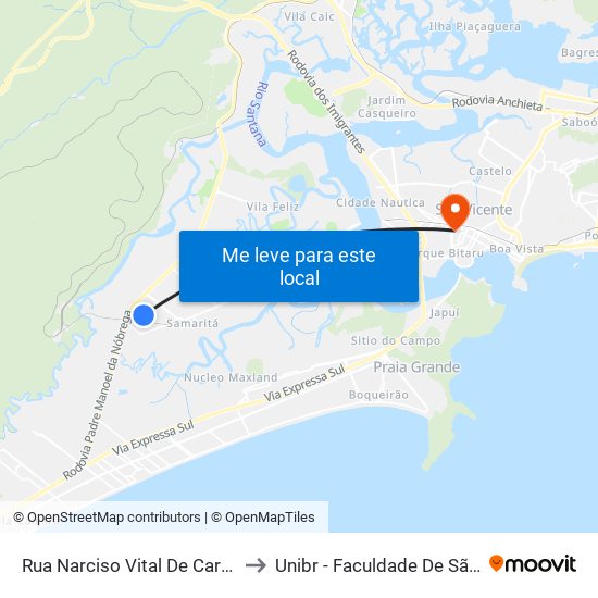 Rua Narciso Vital De Carvalho, 115 to Unibr - Faculdade De São Vicente map