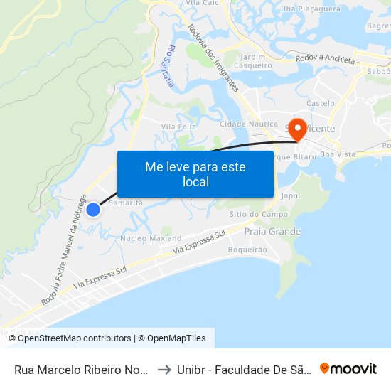 Rua Marcelo Ribeiro Nogueira, 25 to Unibr - Faculdade De São Vicente map