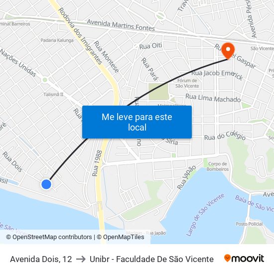 Avenida Dois, 12 to Unibr - Faculdade De São Vicente map