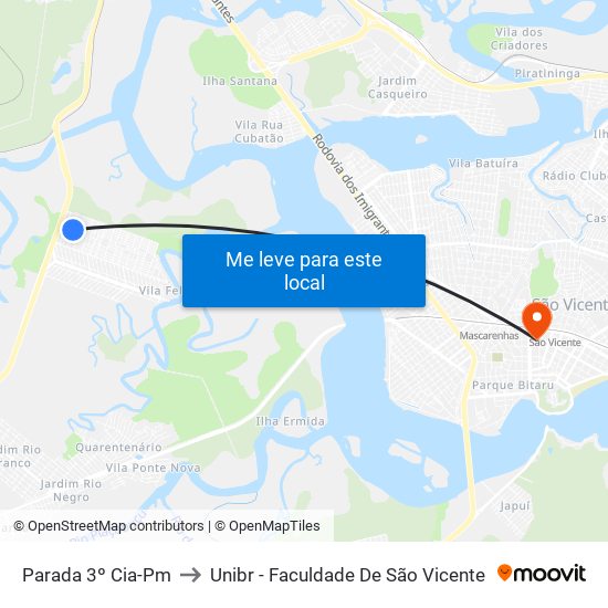 Parada 3º Cia-Pm to Unibr - Faculdade De São Vicente map