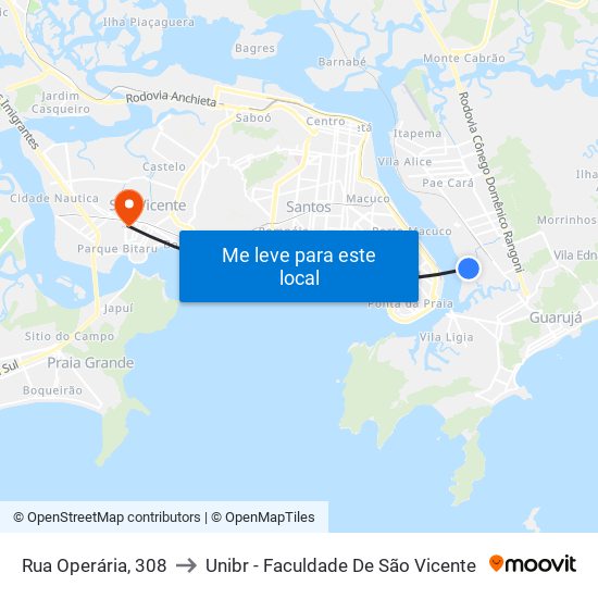 Rua Operária, 308 to Unibr - Faculdade De São Vicente map