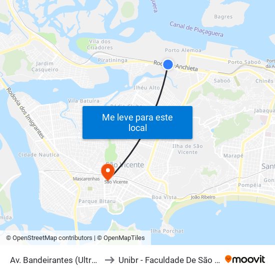 Av. Bandeirantes (Ultracargo) to Unibr - Faculdade De São Vicente map
