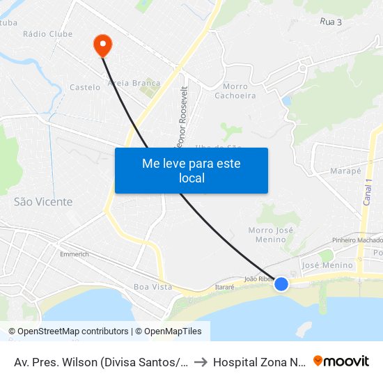 Av. Pres. Wilson (Divisa Santos/São Vicente) to Hospital Zona Noroeste map