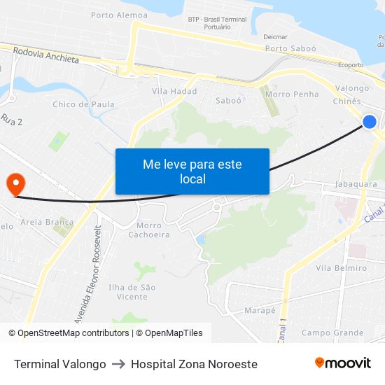 Terminal Valongo to Hospital Zona Noroeste map