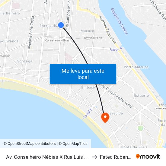 Av. Conselheiro Nébias X Rua Luís De Camões to Fatec Rubens Lara map