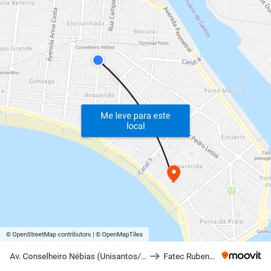 Av. Conselheiro Nébias (Unisantos/Boqueirão) to Fatec Rubens Lara map