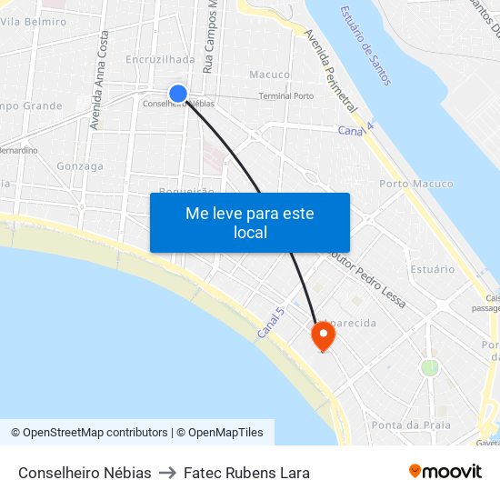 Conselheiro Nébias to Fatec Rubens Lara map