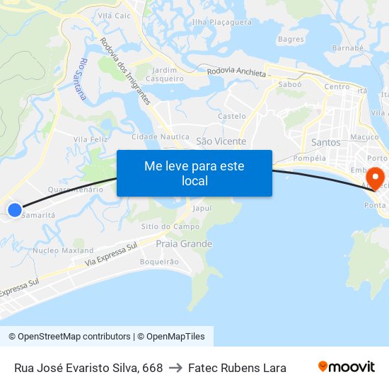 Rua José Evaristo Silva, 668 to Fatec Rubens Lara map