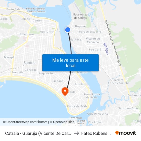 Catraia - Guarujá (Vicente De Carvalho) to Fatec Rubens Lara map