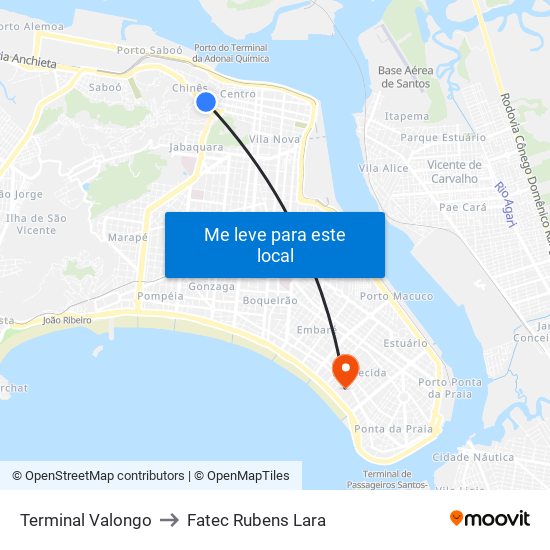 Terminal Valongo to Fatec Rubens Lara map