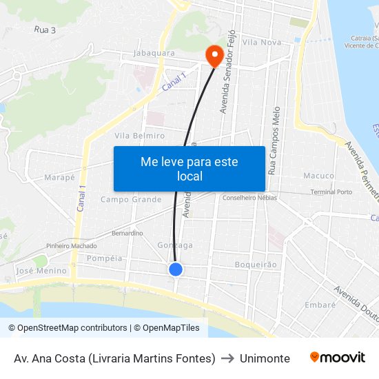 Av. Ana Costa (Livraria Martins Fontes) to Unimonte map