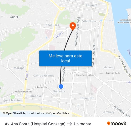 Av. Ana Costa (Hospital Gonzaga) to Unimonte map