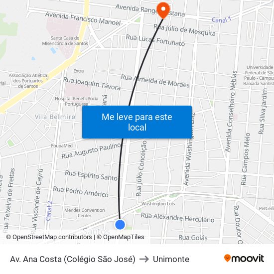 Av. Ana Costa (Colégio São José) to Unimonte map