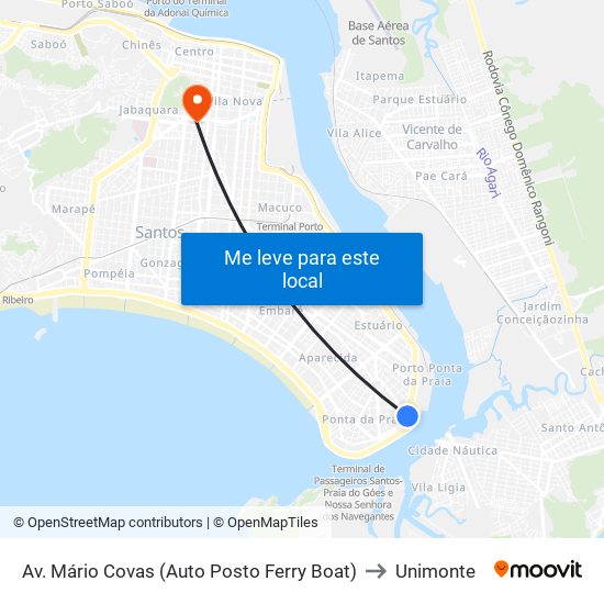 Av. Mário Covas (Auto Posto Ferry Boat) to Unimonte map