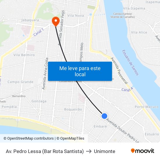 Av. Pedro Lessa (Bar Rota Santista) to Unimonte map