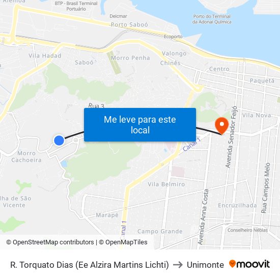 R. Torquato Dias (Ee Alzira Martins Lichti) to Unimonte map