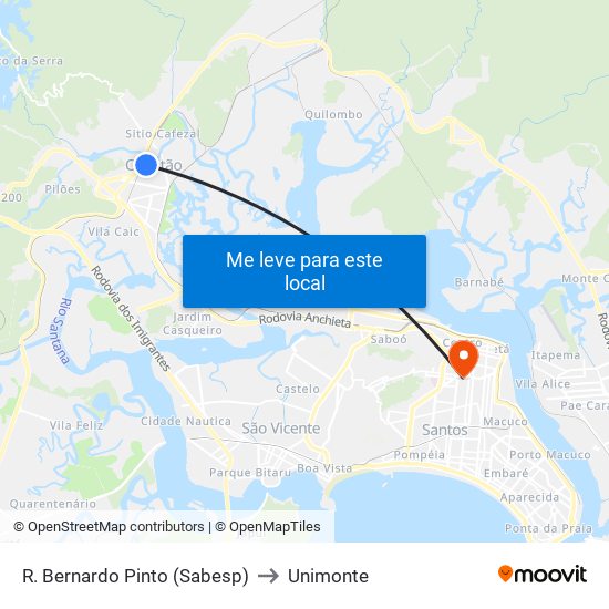 R. Bernardo Pinto (Sabesp) to Unimonte map