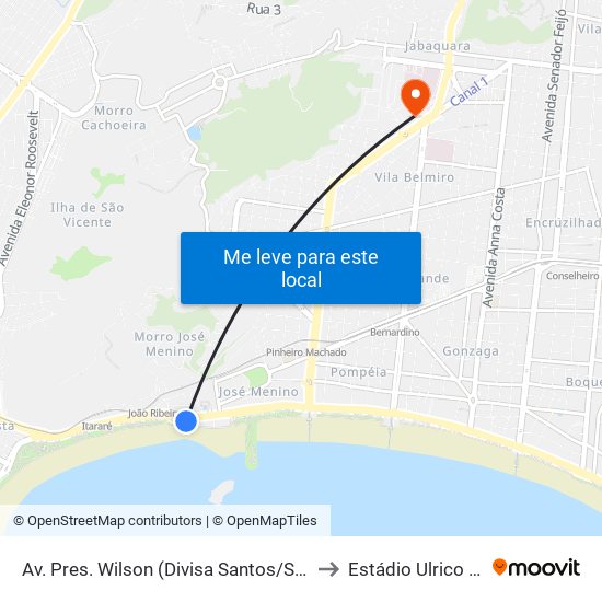 Av. Pres. Wilson (Divisa Santos/São Vicente) to Estádio Ulrico Mursa map