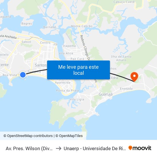 Av. Pres. Wilson (Divisa Santos/São Vicente) to Unaerp - Universidade De Ribeirão Preto - Campus Guarujá map