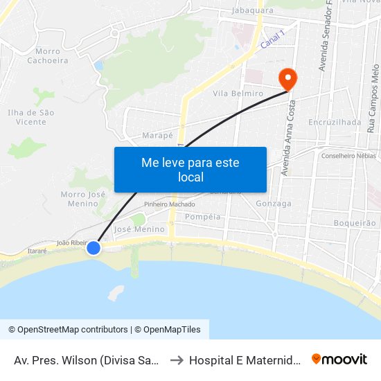 Av. Pres. Wilson (Divisa Santos/São Vicente) to Hospital E Maternidade São Lucas map