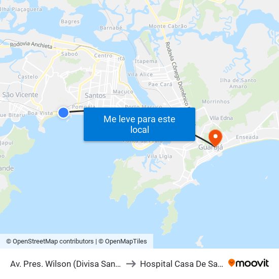 Av. Pres. Wilson (Divisa Santos/São Vicente) to Hospital Casa De Saúde - Guarujá map