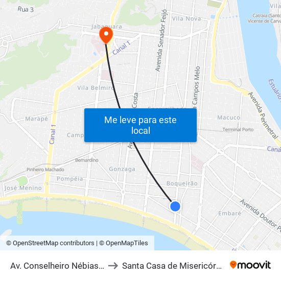 Av. Conselheiro Nébias (Carrefour) to Santa Casa de Misericórdia de Santos map