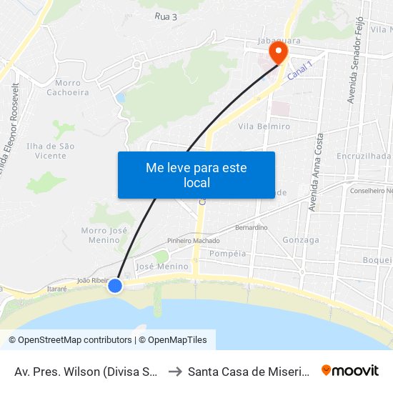 Av. Pres. Wilson (Divisa Santos/São Vicente) to Santa Casa de Misericórdia de Santos map