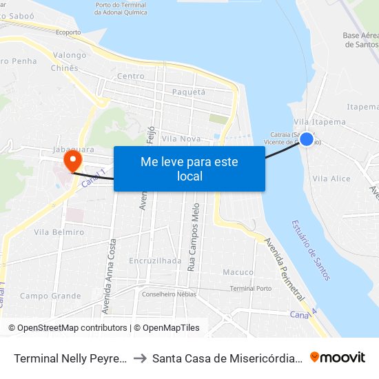 Terminal Nelly Peyres Sobral to Santa Casa de Misericórdia de Santos map