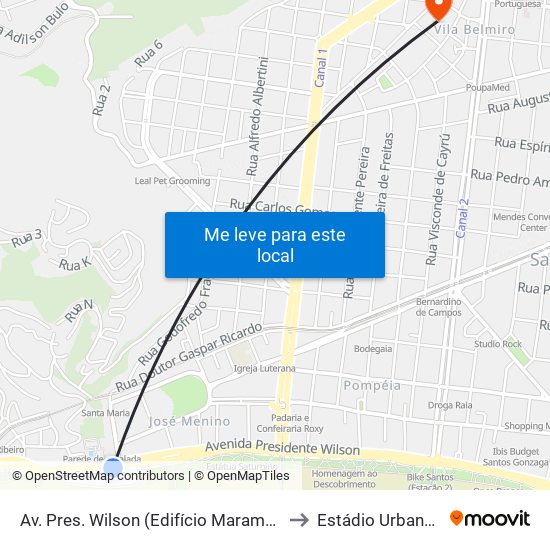 Av. Pres. Wilson (Edifício Marambaia/Igreja Peniel) to Estádio Urbano Caldeira map