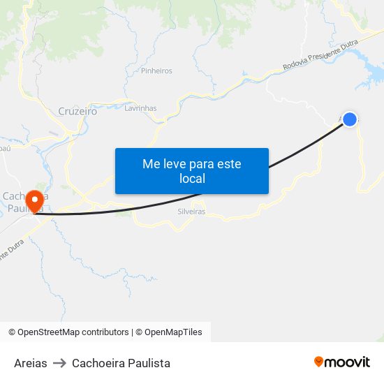 Areias to Cachoeira Paulista map