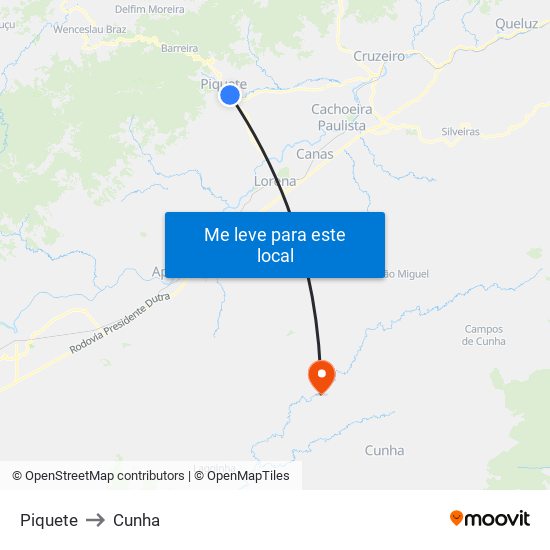 Piquete to Cunha map