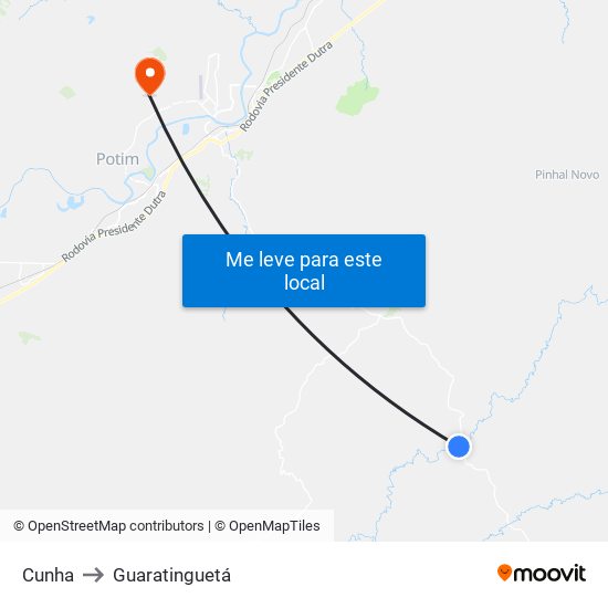 Cunha to Guaratinguetá map