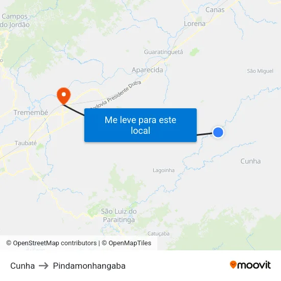 Cunha to Pindamonhangaba map