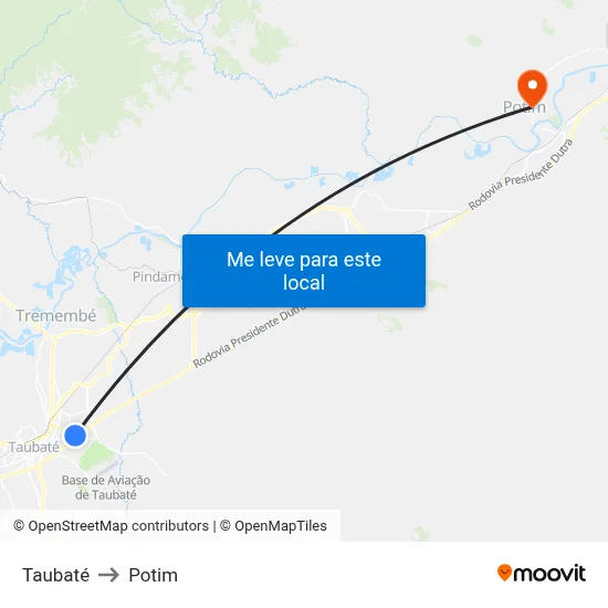 Taubaté to Potim map
