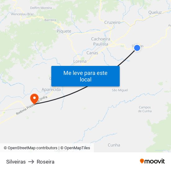 Silveiras to Roseira map