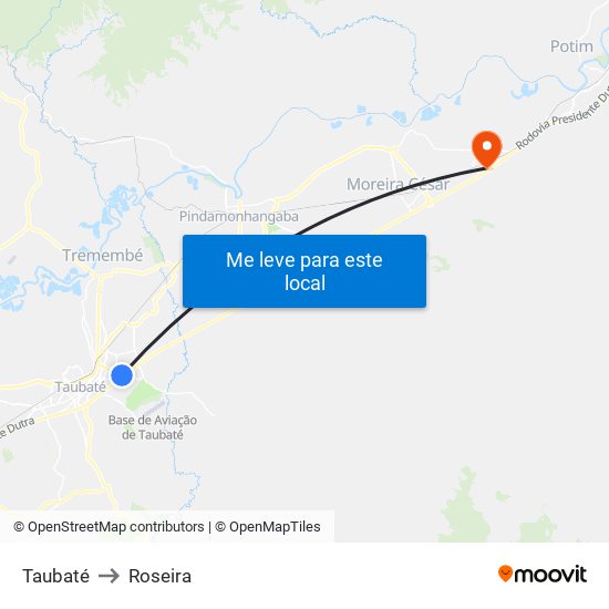 Taubaté to Roseira map