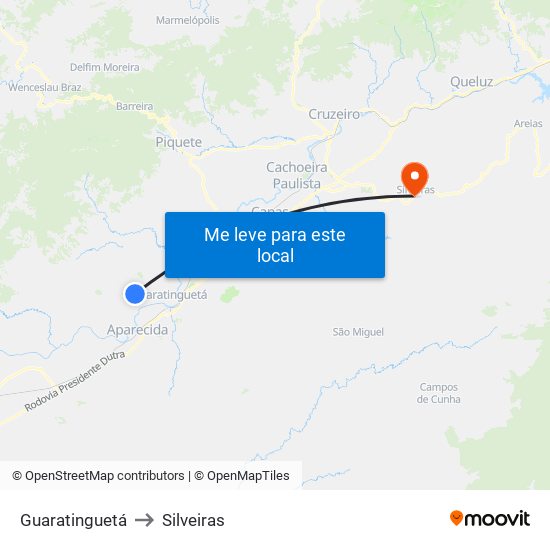 Guaratinguetá to Silveiras map