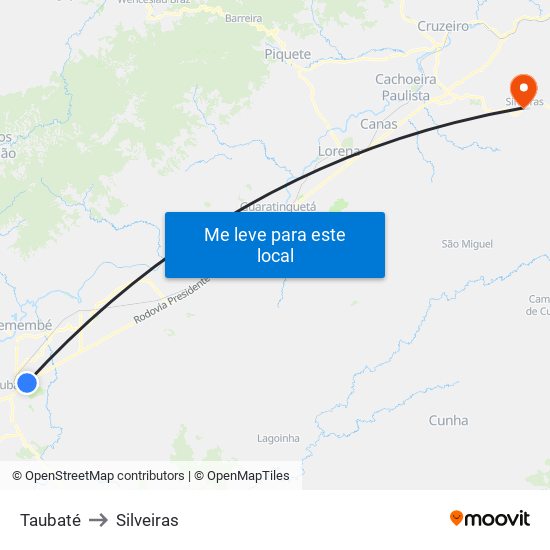 Taubaté to Silveiras map