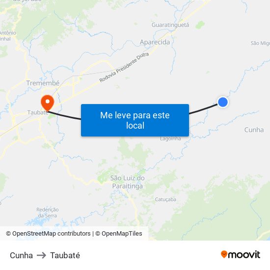 Cunha to Taubaté map