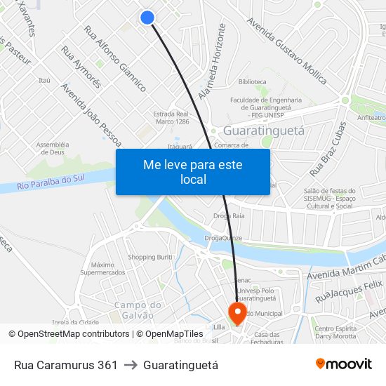 Rua Caramurus 361 to Guaratinguetá map